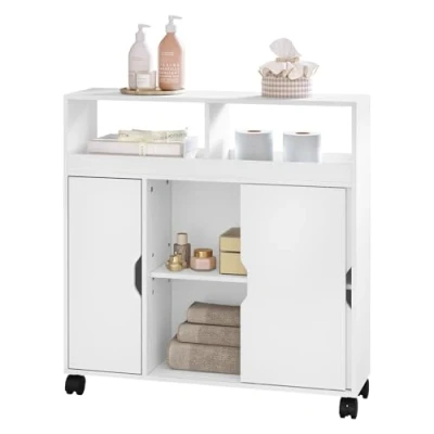Afbeelding van EUGAD badkamerkast met wieltjes, open en verborgen vakken, multifunctionele kast deuren, voor keuken, badkamer, hout, wit, 70 x 20 71,5 cm, 0210WY