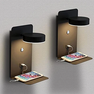 Afbeelding van SENFAY Led wandlamp voor slaapkamer, met USB oplaadpoort, dimbare touch wandlamp, 12 W, binnen, zwart, stekkerkabel, 350 graden, leeslamp, draaibaar, 2 stuks