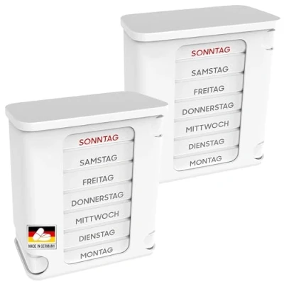 Afbeelding van Kerpers® Tablettenbox 7 dagen, Made in Germany, pillendoos met 4 vakken, &#039;s ochtends middags nachts, medicijnbox voor tabletten en supplementen (2 stuks, wit/wit)