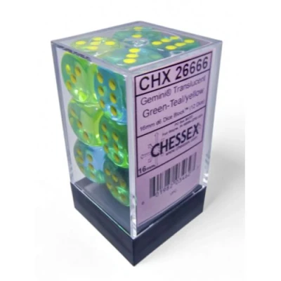 Afbeelding van Dobbelstenen D6 (16mm) Translucent Gemini Groen Teal/Geel (12x)