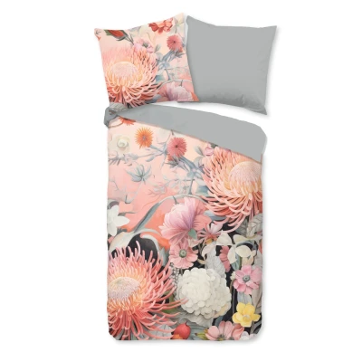 Afbeelding van Dekbedovertrek 155x220 cm Bloemenprint Roze/Grijs 1 Persoons 100% Katoen Oeko Tex Gecertificeerd