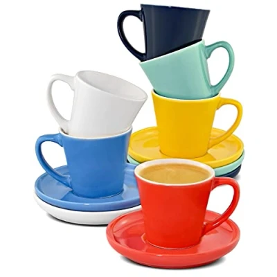 Afbeelding van Set van 6 Espresso Kopjes Kleurrijk met Schotels Keramisch Houdt Lang Warm Moderne Kleurenmix Geschenkverpakking 70ml