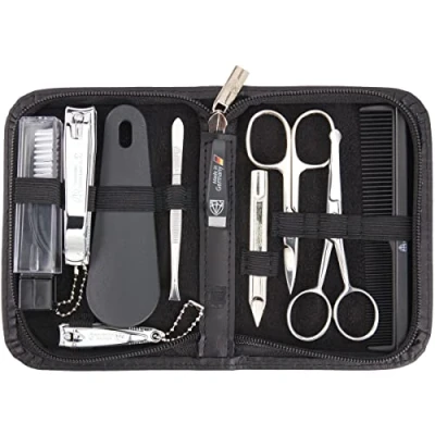 Afbeelding van DREI SCHWERTER Germany 10 delig manicure set heren van echt leer zwart &#039;Monza&#039; Inhoud: nagelschaar, kam, neusschaar, saffier nagelvijl, nagelknipper, voetnagelknipper enz