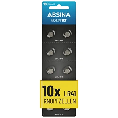Afbeelding van ABSINA AG3 LR41 knoopcellen, verpakking van 10 stuks, 1,5 V alkaline lekvrij en met lange houdbaarheid, LR736, L736, G3, G3A, 3GA / 192 GP192 V3GA RW87, knoopcelbatterijen, batterij