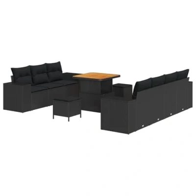 Afbeelding van vidaXL 10 delige Tuin Sofa set met Kussens Zwart Poly Rattan Acacia, 3 eettafel Acacia