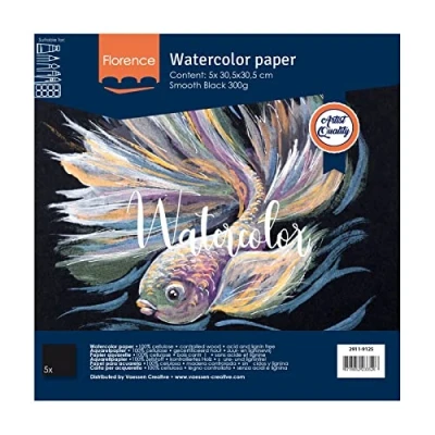 Afbeelding van Aquarelpapier Zwart 30,5x30,5cm 300 gram Smooth Gladde Structuur Florence 5 vellen