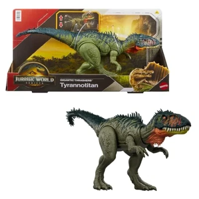 Afbeelding van Mattel Jurassic World Rebirth Gigantische Verwoesters Tyrannotitian, dinosaurusfiguur, speelgoed, staart activeert vernietigende aanvallen, digitaal spelen, JCL75