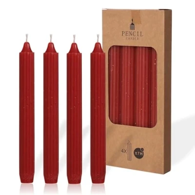 Afbeelding van COMFORDER Set staafkaarsen, 4 x tafelkaarsen, effen + geribbeld, 20 cm, 7 uur brandduur (rood)