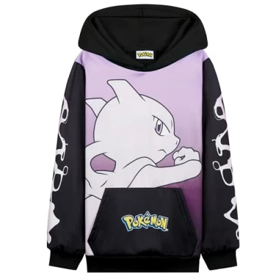 Afbeelding van Pokemon sweatshirt met capuchon voor kinderen, comfortabel kangoeroezak, zwart/roze Mewtwo, 7 8 jaar