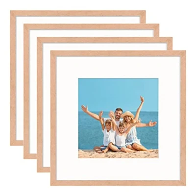 Afbeelding van YEEPHAN 12x12 inch vierkante fotolijst gemaakt van eikenhout met plexiglas voorkant, 30x30cm natuurlijke houtkleur Display 8x8 foto mat of zonder voor wandmontage, set 4
