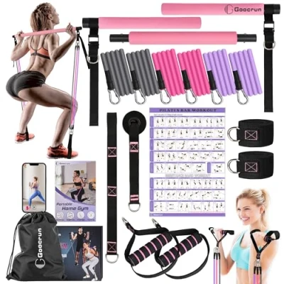 Afbeelding van Pilates stang en weerstandsbandstangset met handgrepen, draagbare thuisgym, inclusief deurankers, enkelriem verlengbanden, wordt geleverd fitnessposters video&#039;s