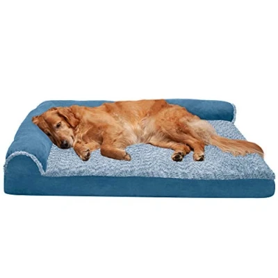 Afbeelding van FurHaven XL orthopedisch hondenbed tweekleurig imitatiebont en suède L vormige chaise w/afneembare wasbare hoes marineblauw, jumbo (XL)