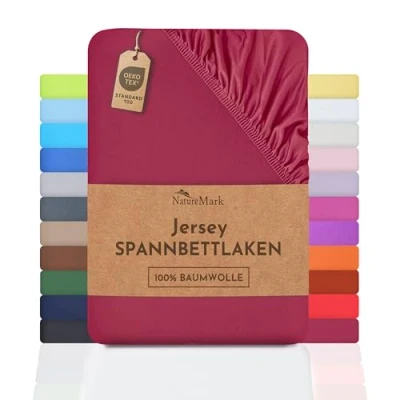 Afbeelding van NatureMark Jersey hoeslaken, 100% katoen in vele maten en kleuren, merkkwaliteit Oeko Tex Standard 100 140 x 200 cm 160 bordeauxrood