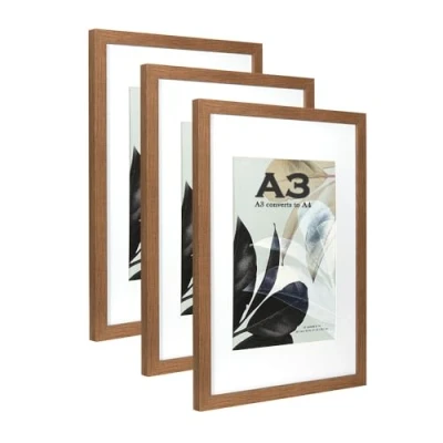 Afbeelding van Bruine houten fotolijst A3 met mat, set van 3, montage voor A4 afbeelding of certificaat, wandmontage