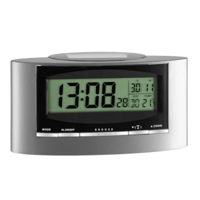 Afbeelding van TFA Dostmann zendergestuurde wekker, 98.1071, werkt met zonne energie, weergave van binnentemperatuur, weekdag en datum, alarm snooze functie, Kunststof, zilver/zwart, (L) 156 x (B) 52 (H) 81 mm