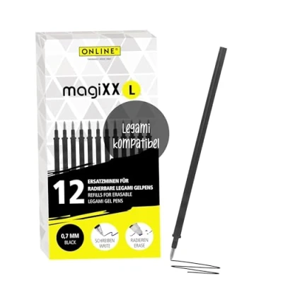 Afbeelding van Online 12 x uitwisbare reservevullingen, compatibel met Legami gelpennen magiXX L, zwart, 0,7 mm lijndikte, reservevulling voor gelpen, uitwisbaar, navullingen gelroller inkt