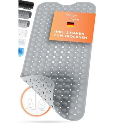 Afbeelding van LICHTENHEIM Douchemat, antislip, gevoelig, 100 x 40 cm, inclusief 2 haken, badmat, BPA vrij, schimmelbestendig en wasbaar, muis grijs