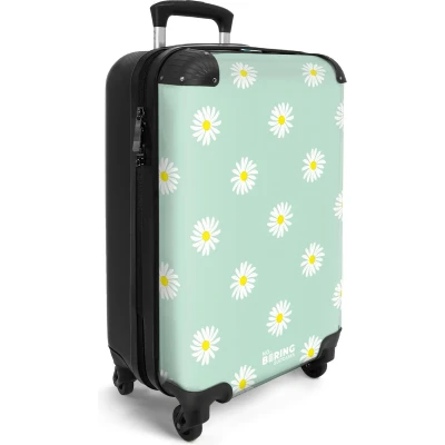 Afbeelding van NoBoringSuitcases.com® Handbagage koffer lichtgewicht Reiskoffer trolley Pastel groen met madeliefjes Rolkoffer wieltjes Past binnen 55x40x20 en 55x35x25