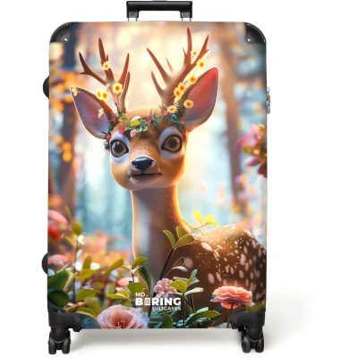 Afbeelding van NoBoringSuitcases.com® Koffer groot Reiskoffer lichtgewicht Hert met bloemenkrans in de natuur Rolkoffer 4 wielen Grote trolley XL 98 liter bagage