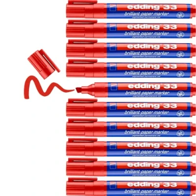 Afbeelding van edding 33 brilliant flip overmarker rood 10 permanent markers, waterbestendig beitelvormige punt 1 5mm schitterende kleuren lichtbestendig papier, karton, kunststof, metaal, glas