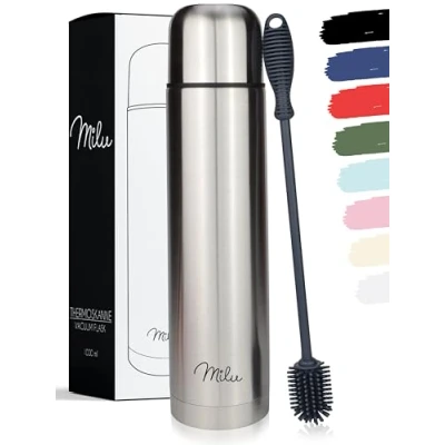 Afbeelding van Milu Thermosflessen Vacuüm drinkfles Thermo Waterfles met beker, 1L, 750ml, 500ml Geïsoleerd roestvrij staal, 100% lekvrij, dubbele wandisolatie (Zilver, 1000 ml)