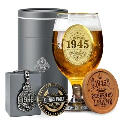 Afbeelding van CROWNLY CRYSTAL® 1945 80e Verjaardag Cadeaus voor Mannen Gepersonaliseerde Bierglazen Decoraties Vader Opa Oom Man