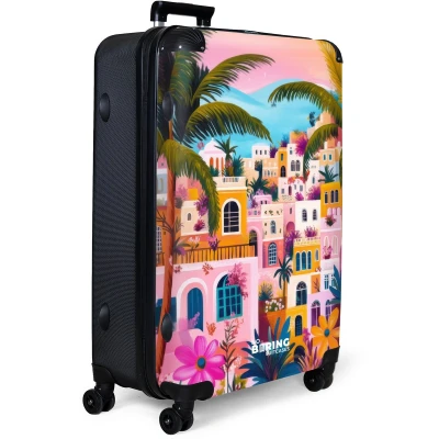 Afbeelding van NoBoringSuitcases.com® Koffer groot Reiskoffer lichtgewicht Kleurrijke stad met palmbomen Rolkoffer 4 wielen Grote trolley XL 98 liter bagage