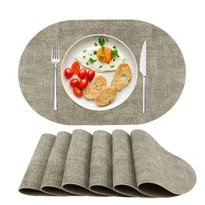Afbeelding van Placemats, afwasbaar, 6 delige set, PU leer, hittebestendig, antislip, voor eettafel, keuken, ovaal, beige