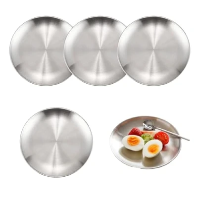 Afbeelding van ZHYUAN 4 stuks roestvrij stalen rond servies, staal, campingborden, 20 cm, metalen platte borden, campingbordenset, voor camping, picknick,