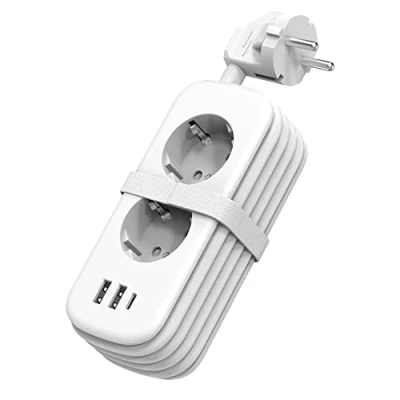 Afbeelding van Unidapt Stekkerdoos met USB 15 W, 2 stopcontacten 4000 W + poorten A C, meervoudige stekker 1,5 m kabel