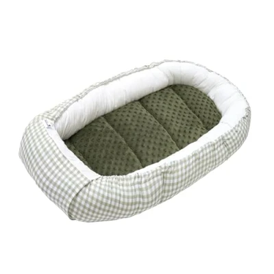 Afbeelding van Medi Partners Babynest Knuffelnest 100% Katoen Nest Reis Bed voor baby&#039;s 100x60x15cm Uitneembaar inzetstuk (Plaid met oliijfkleurige Minky)