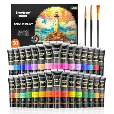 Afbeelding van Shuttle Art Acrylverfset, 30 kleuren acrylverf in tubes (36 ml) met 3 borstels, verf van kunstenaarskwaliteit, rijke pigmenten, niet giftig voor kunstenaars, beginners en kinderen op rotsen,