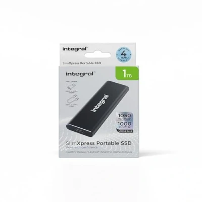 Afbeelding van Integral SlimXpress 1TB USB &amp; C 3.2 Gen 2 draagbare externe SSD Supersnel 1050MB/s lees/1000MB/s schrijfsnelheden, slanke aluminium behuizing en Plug Play. Compatibel met Mac, PC, XBOX