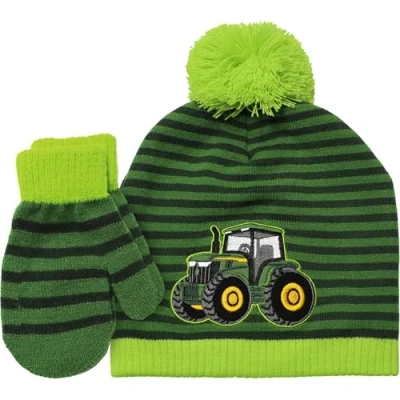 Afbeelding van JOHN DEERE Gebreide kindermuts tractor wanten groen gestreept acryl, groen, 47 52