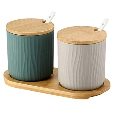Afbeelding van OnePine Set van 2 keramische kruidenpotjes suikerpot keramiek suiker kom met lepel en bamboe deksel voor thee zout specerijen thuis in de keuken Groen grijs.