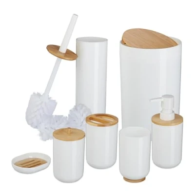 Afbeelding van badkamer set 7 delig compleet kunststof bamboe wit
