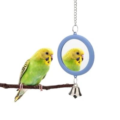 Afbeelding van Hypeety Huisdier, vogelspiegel met bel, interactieve papegaai, speelgoed, vogelkooi, spiegel voor valkparkieten, parkieten, kanarische grasparkieten (BLAUW)