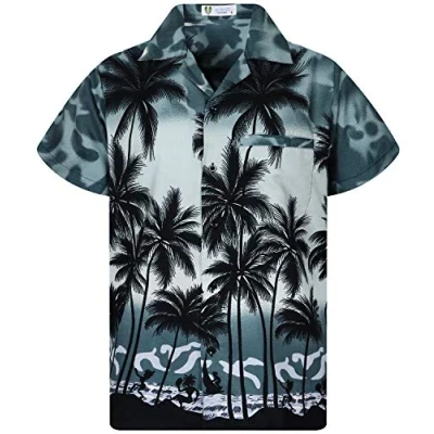 Afbeelding van V.H.O. Funky Hawaïhemd heren korte mouwen voorzak Hawaii print strand palmen diverse kleuren, Beach grijs, XL
