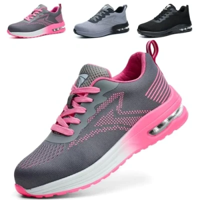 Afbeelding van WUAYAMI Veiligheidsschoenen voor dames en heren, lichte werkschoenen met stalen neus, licht, ademend, comfortabele veiligheidsschoenen, Roze, 41 EU