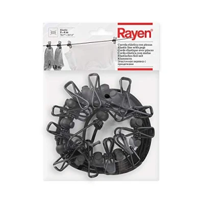 Afbeelding van Rayen 0340 Elastisch koord, afmetingen van m lengte, 12 klemmen inbegrepen, geschikt voor het ophangen kleerhangers, clips, polyesterzijde, latex, metaal, zwart, 2 à 4 meter