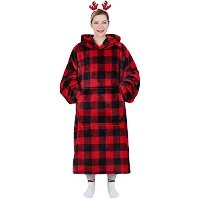 Afbeelding van Waitu Draagbare deken hoodie sweatshirt geschenken voor volwassenen en kinderen, super warme gezellige gigantische hoodiedeken dames heren, flanellen met mouwen zak