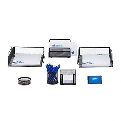 Afbeelding van Relaxdays bureau organizer set van 7 metaal pennenhouder memobox brievenbak zwart