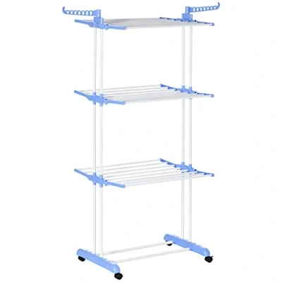 Afbeelding van HOMCOM wasrek Torenwasrek met wielen 4 niveaus Staand droogrek Uitschuifbare voor binnen en buiten Staal Blauw 73 x 45,5 177 cm