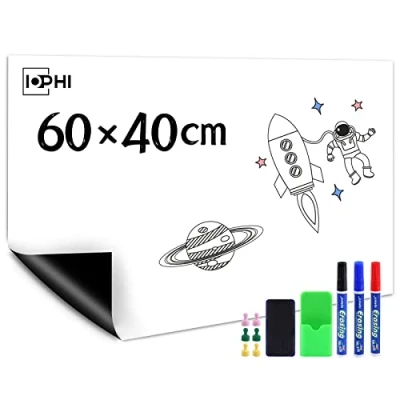 Afbeelding van whiteboard magnetische folie, 60 x 40 cm, zelfklevende magneetfolie, sterk afwisbaar magneetbord, wit, inclusief marker en sponsmagneten, geschikt voor kantoor thuis, koelkast enz