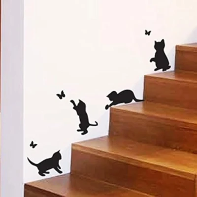 Afbeelding van Wall4stickers Spelende katten Vlinders vangen thuis Vinyl Muursticker Decal Mural Kitchen Pets behangdecoratie kinderkamer