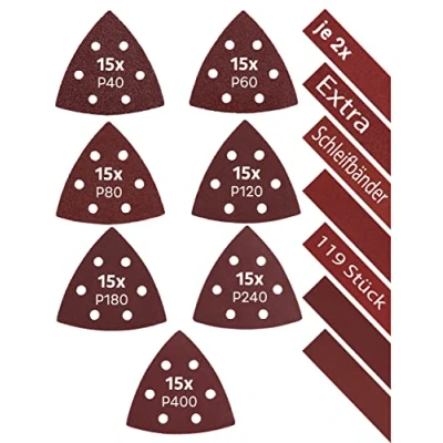 Afbeelding van KSP Tec │105 stuks delta schuurdriehoeken + 14 schuurstrips, 93 x mm, deltaschuurpapier, driehoekige schuurmachine, klittenband, schuurpads, multischuurmachine (93 mm)