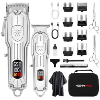 Afbeelding van HIENA PRO Professionele tondeuse set voor mannen, draadloze kappersschaar T blade trimmerset, elektrische haarsnijmachine kit, USB oplaadbare kappers met LED display (zilver)