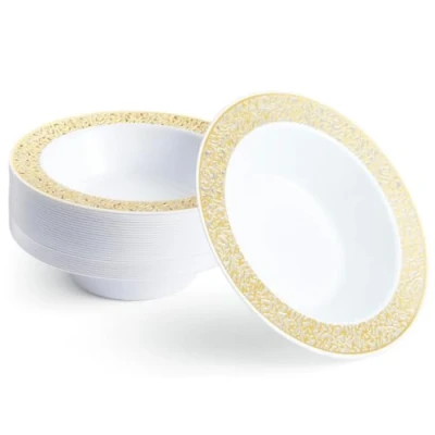 Afbeelding van MATANA 20 Witte Herbruikbare Plastic Kommen met Gouden Rand (360 ml) voor Bruiloften, Verjaardagen, Doopfeesten, Kerstmis en Feesten Stevig Herbruikbaar