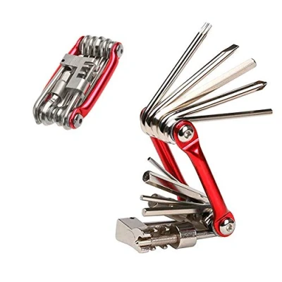 Afbeelding van Aiqeer 11 in 1 multifunctioneel fietsreparatietool, draagbaar opvouwbaar compacte mini fietsonderhoudsgereedschapset (rood)