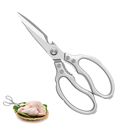 Afbeelding van Keukenschaar, huishoudschaar van roestvrij staal, alleskunner, stevige scherpe keukenschaar met flesopener, multifunctioneel voor keuken, kip, gevogelte, vis, vlees, kruiden, noten, vaatwasserbestendig, zilver